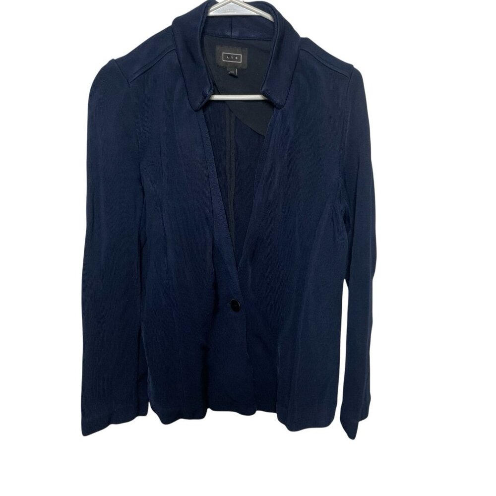 AYR Blazer Women's 8 Blue Ribbed Slinky Knit Stretch Jacket Cardigan Academia
